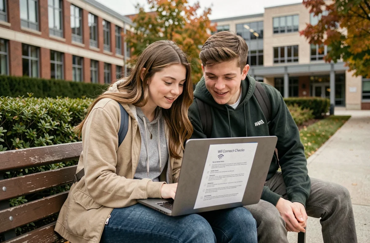 Deux étudiants consultant une check-list de connexion wifi sur ordinateur portable devant les bâtiments du campus de l'université d'Angers
