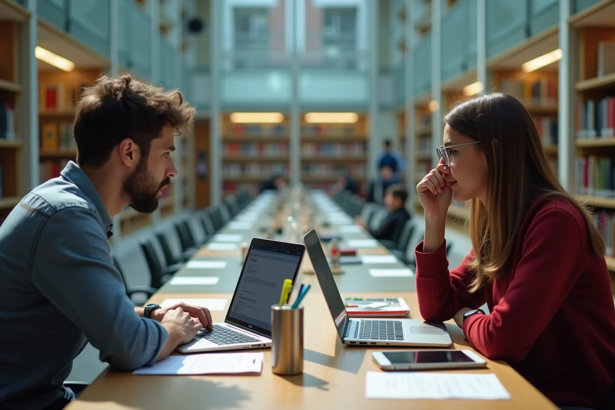 Deux étudiants collaborant sur la plateforme Moodle dans un espace de travail partagé d'une bibliothèque universitaire