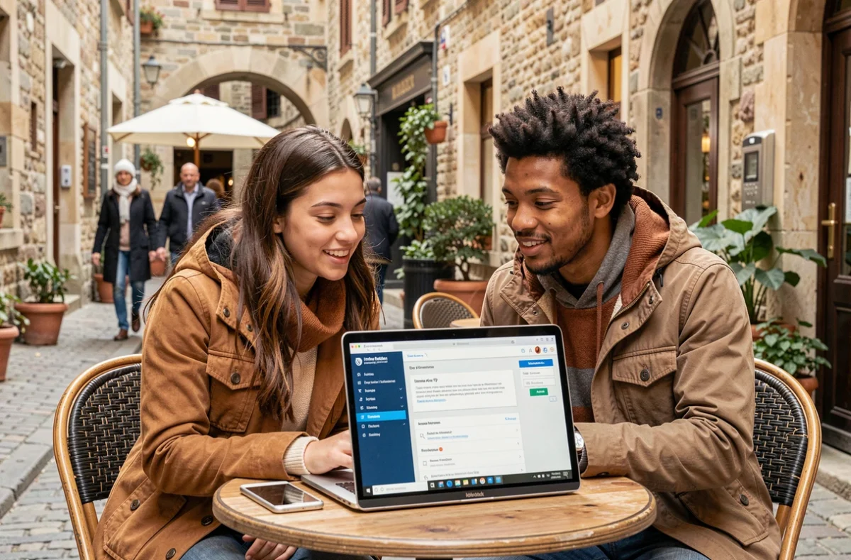Deux étudiants en mobilité internationale consultant ensemble l'extranet universitaire en terrasse de café en Europe
