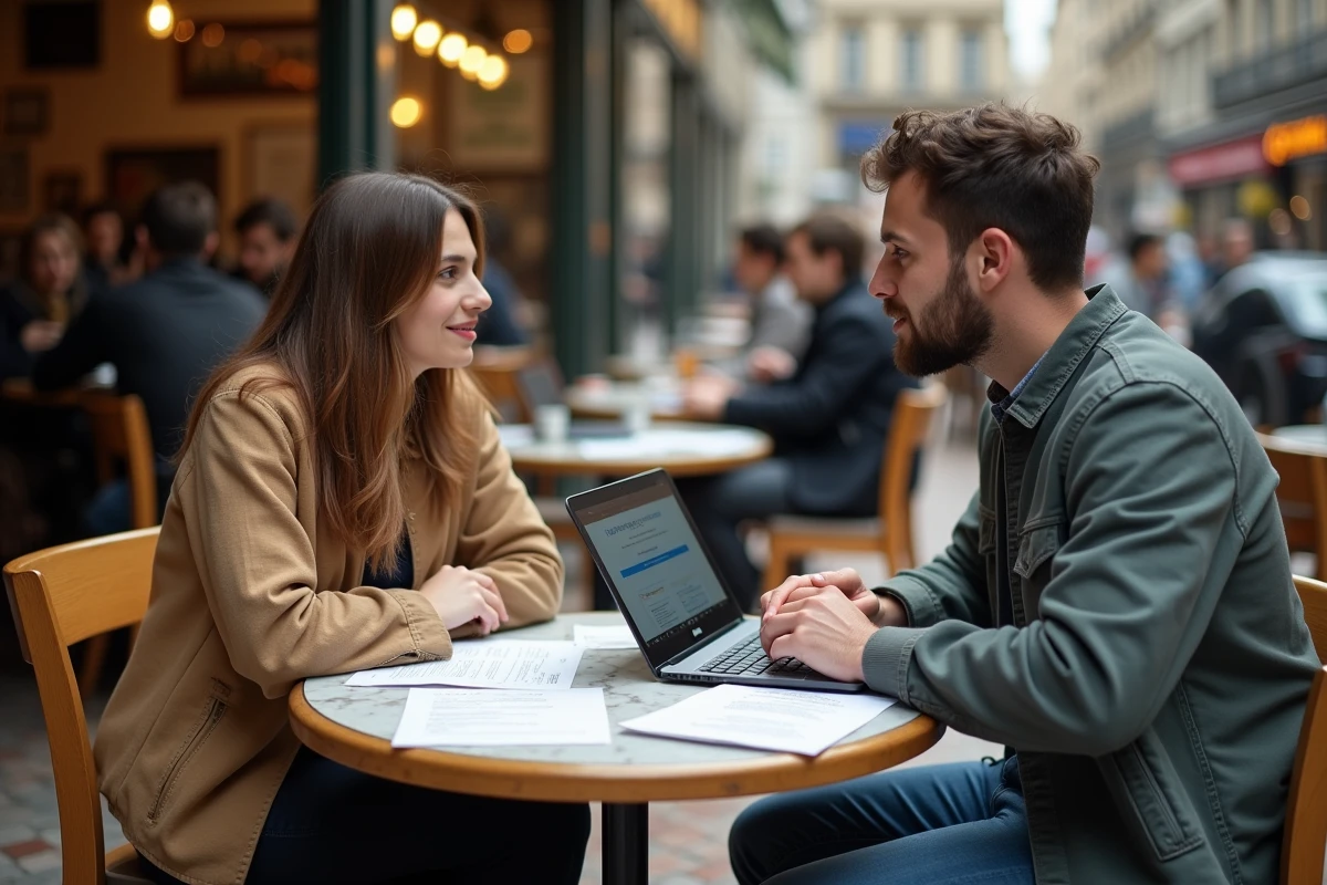 Deux étudiants en grande école discutant des stratégies de candidature alternative après un refus au master El Karoui dans un café parisien
