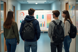 Groupe d'étudiants universitaires en extérieur devant un panneau d'affichage