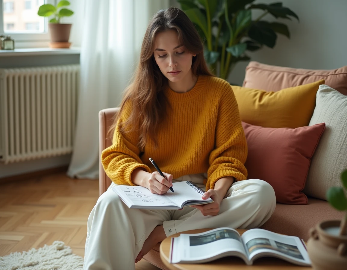 Jeune femme prenant des notes sur une formation décoration intérieure dans un salon cosy et moderne