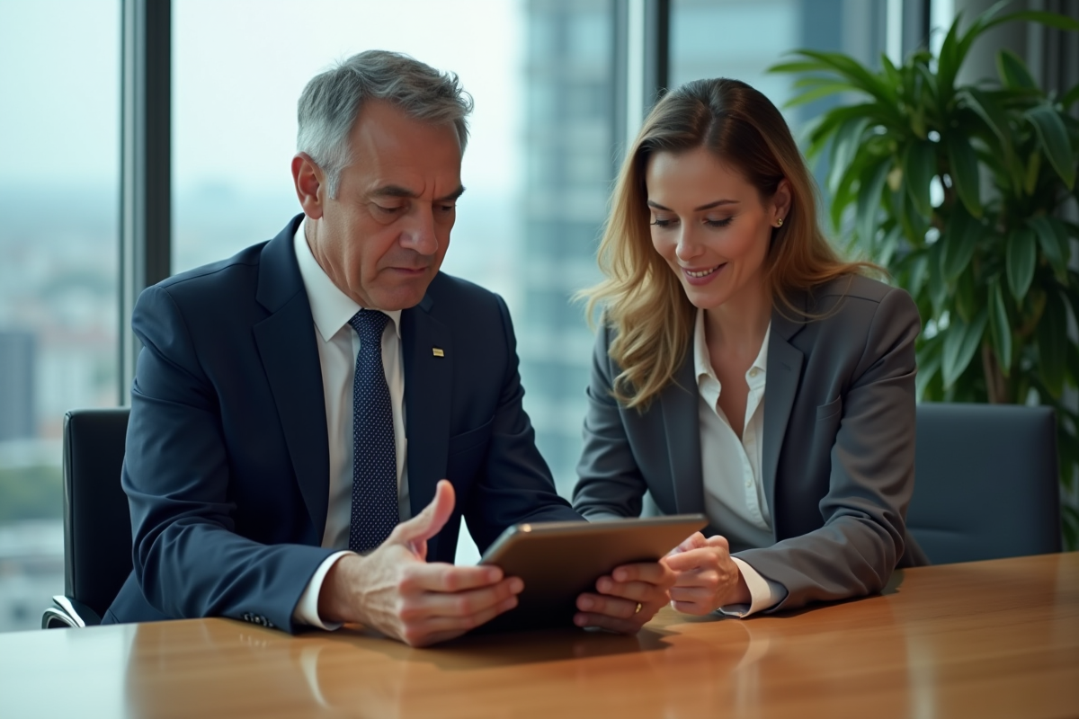 Homme executif en costume navy avec coach d affaires en blazer