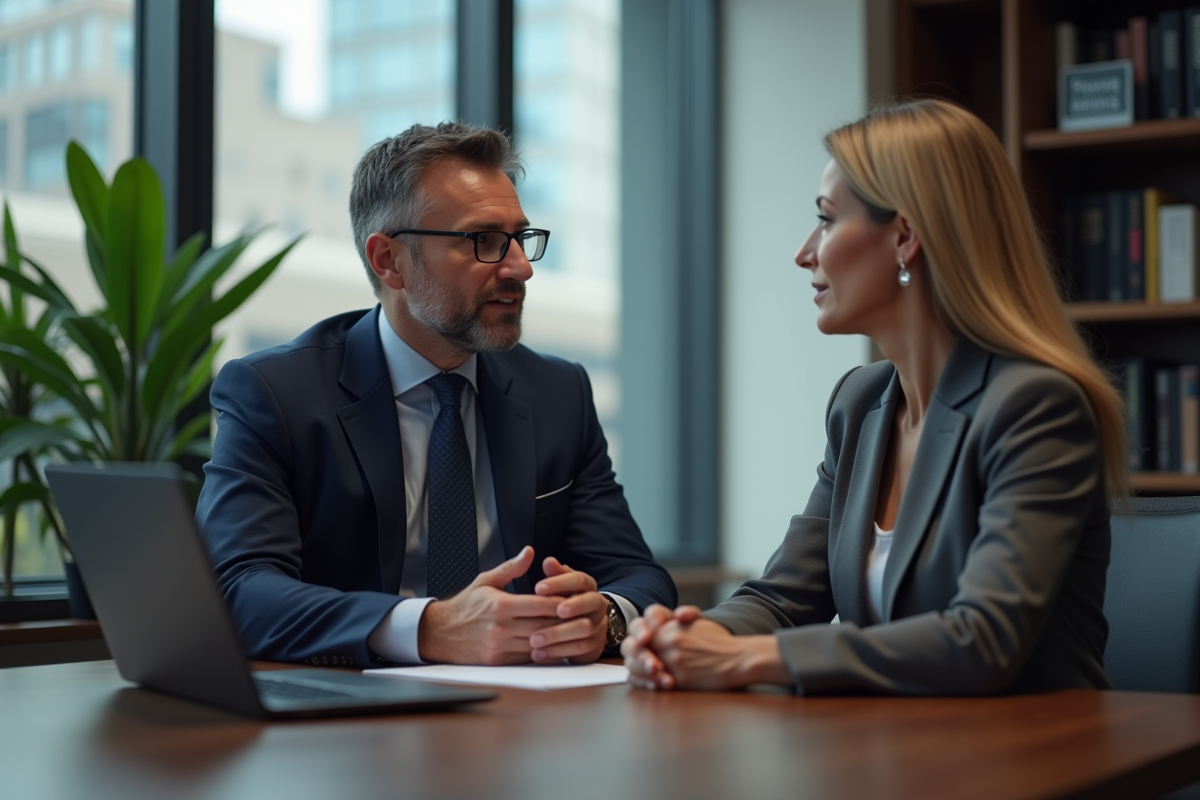 Homme executif en costume navy en discussion avec une coach
