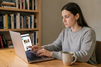 Femme skeptique consultant un abonnement email de formation marketing sur son ordinateur portable dans un bureau à domicile