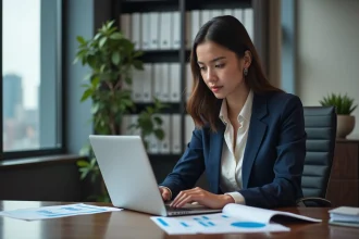Jeune femme en costume analyse des graphiques financiers