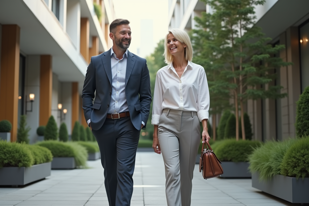 Femme d affaires souriante marchant avec un mentor en extérieur