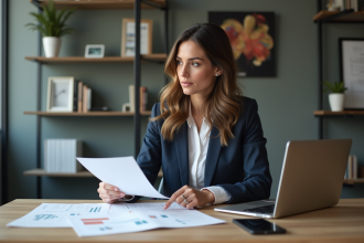 Femme en costume analysant un organigramme dans un bureau moderne