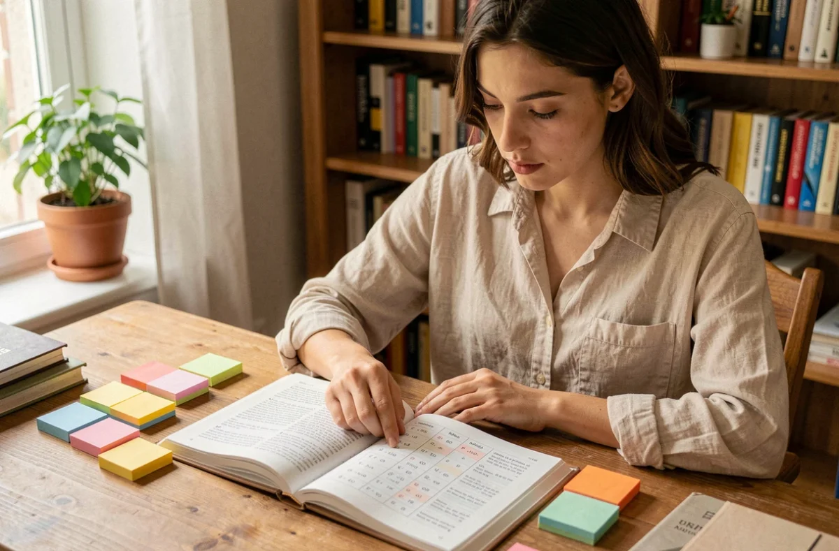 Jeune femme étudiant les verbes espagnols tener et haber avec des fiches visuelles colorées sur un bureau en bois
