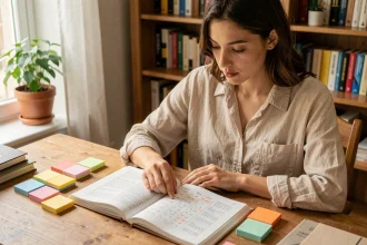 Jeune femme étudiant les verbes espagnols tener et haber avec des fiches visuelles colorées sur un bureau en bois
