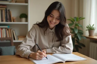 Jeune femme souriante écrit l'alphabet arabe à son bureau