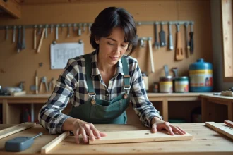 Femme en overalls assemble une étagère en bois dans un atelier