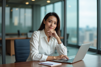 Femme concentrée au bureau dans une salle vitrée