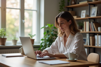 Femme travaillant sur son ordinateur dans un bureau lumineux