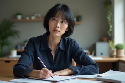 Femme au bureau en pleine réflexion et organisation