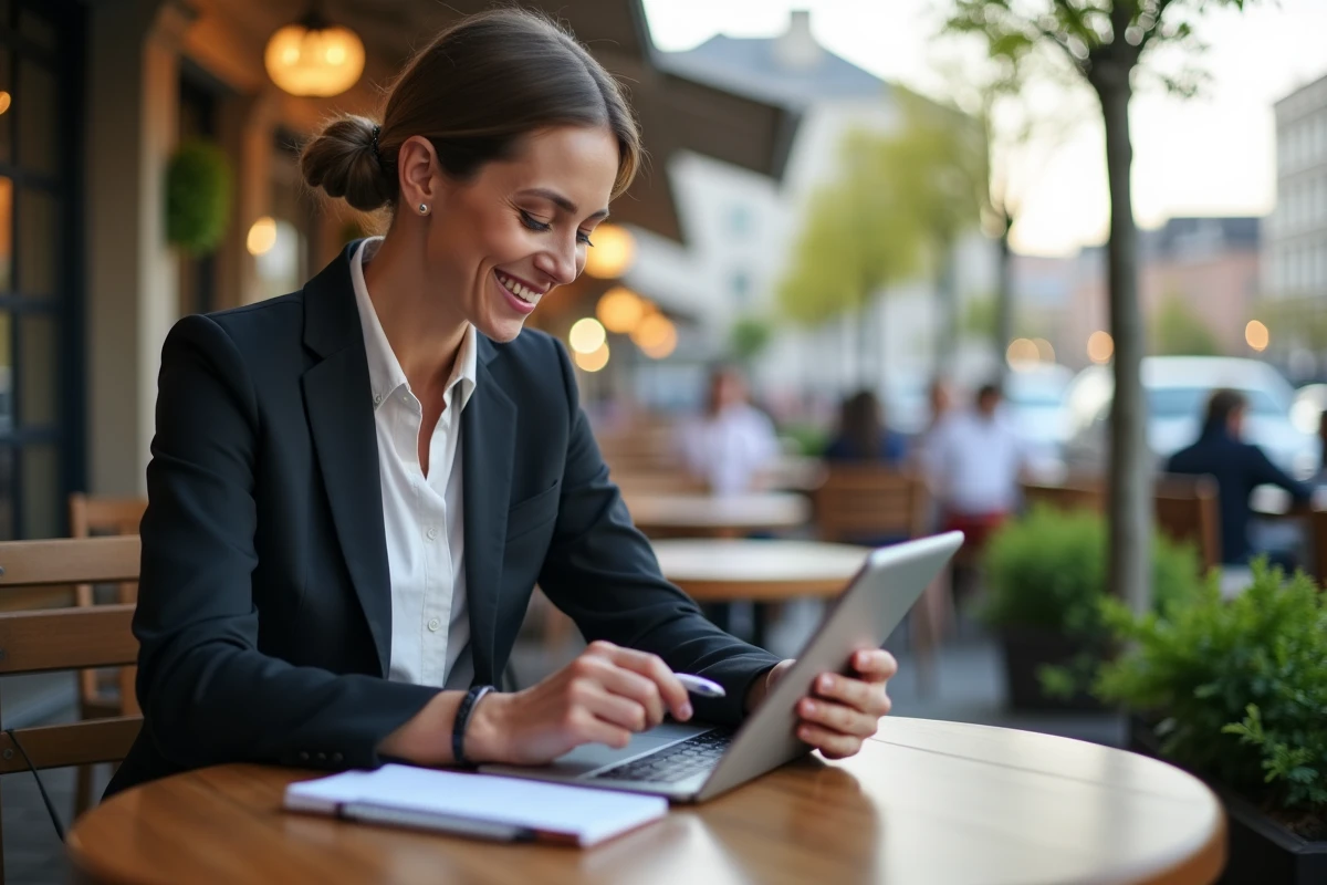 Femme professionnelle au café vérifiant ses chiffres sur une tablette