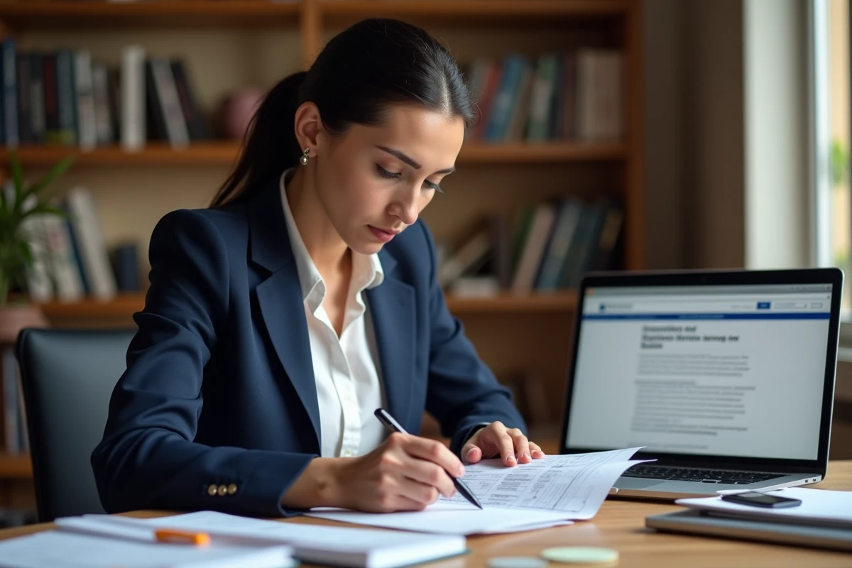 Femme consultant une checklist de documents pour son inscription à Pôle emploi à son bureau à domicile