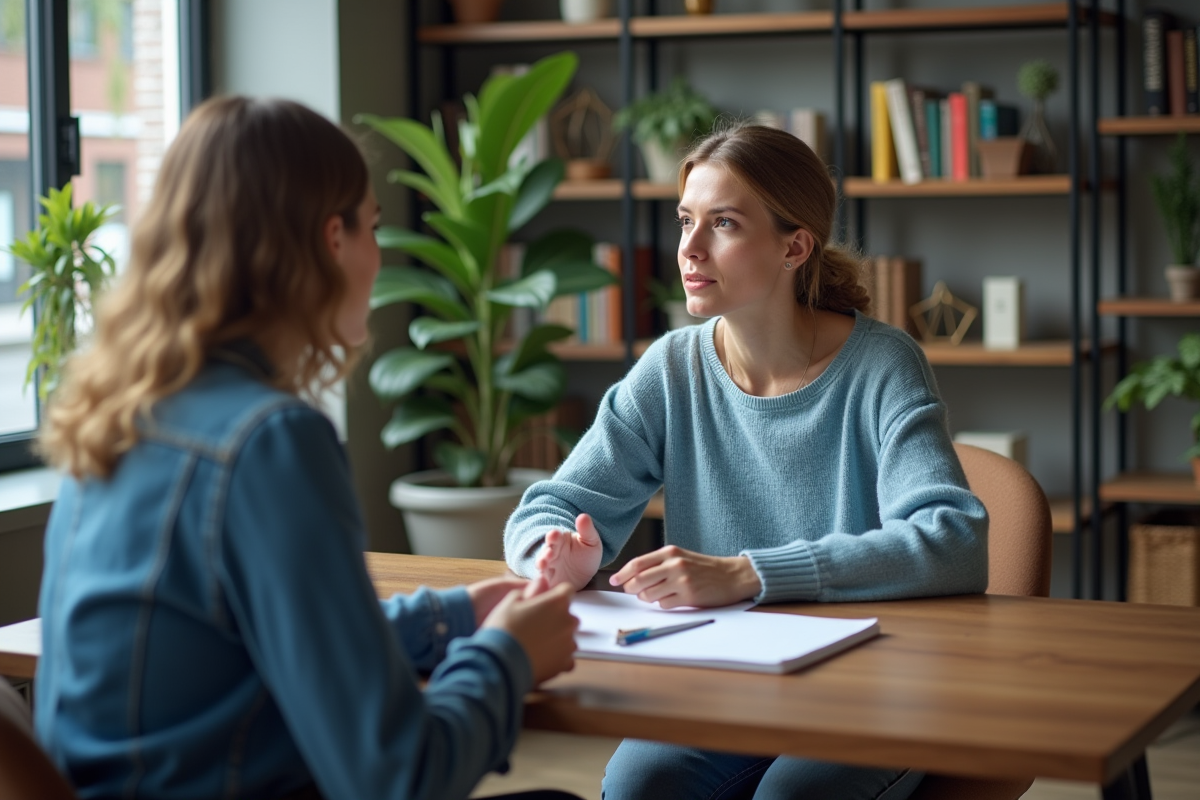 Femme en coaching dans un bureau cosy et lumineux