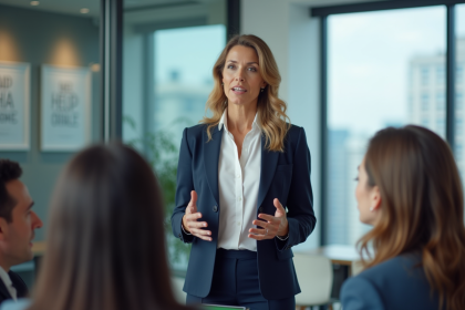 Femme confiante en réunion dans un bureau moderne
