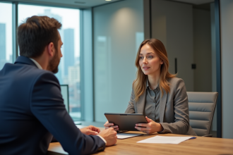 Femme confiante en réunion de bureau moderne