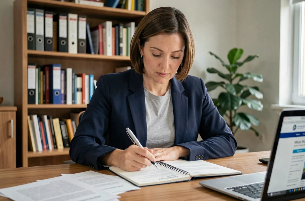 Femme consultant des documents CPF sur un bureau en bois dans un bureau à domicile