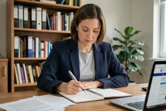 Femme consultant des documents CPF sur un bureau en bois dans un bureau à domicile