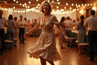 Femme de 45 ans souriante en robe vintage dansant le Madison dans une salle de danse communautaire au parquet en bois
