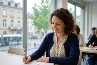 Femme concentrée en classe à Thionville