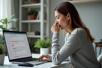 Femme entrepreneur stressée devant un tableau de bord d'emailing avec des erreurs lors d'un lancement de campagne