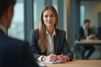 Femme en blazer écoute lors d'un entretien professionnel