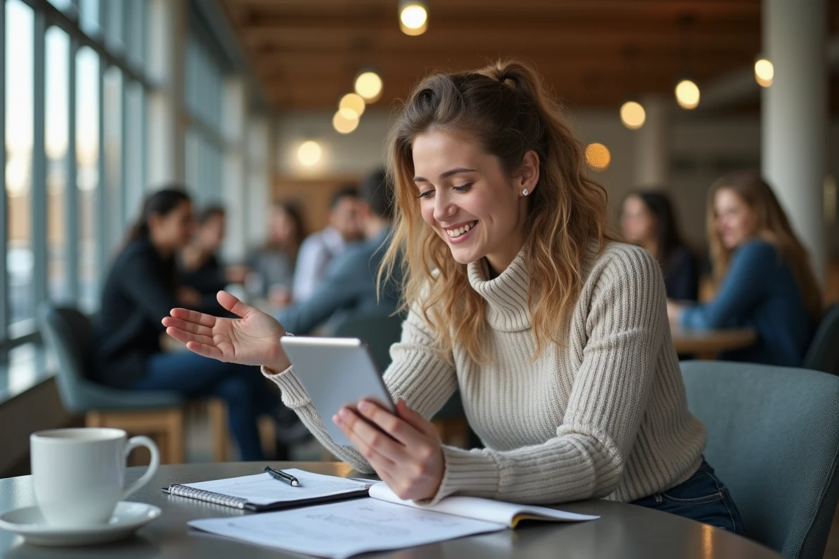 Femme étudiante en droit collaborant avec une tablette