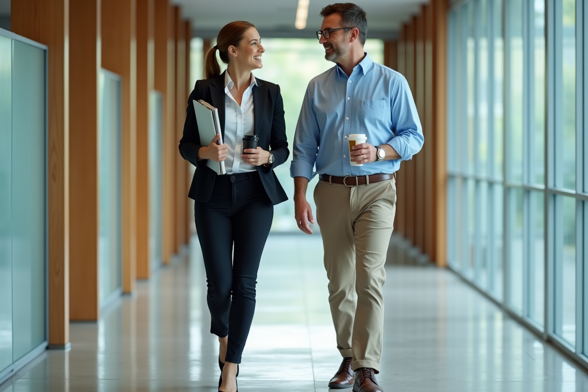 Femme executive et consultante marchant dans un couloir moderne