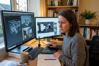 Femme apprenant la modélisation 3D sur ordinateur dans un bureau à domicile, comparant des tutoriels en ligne avec ses notes manuscrites