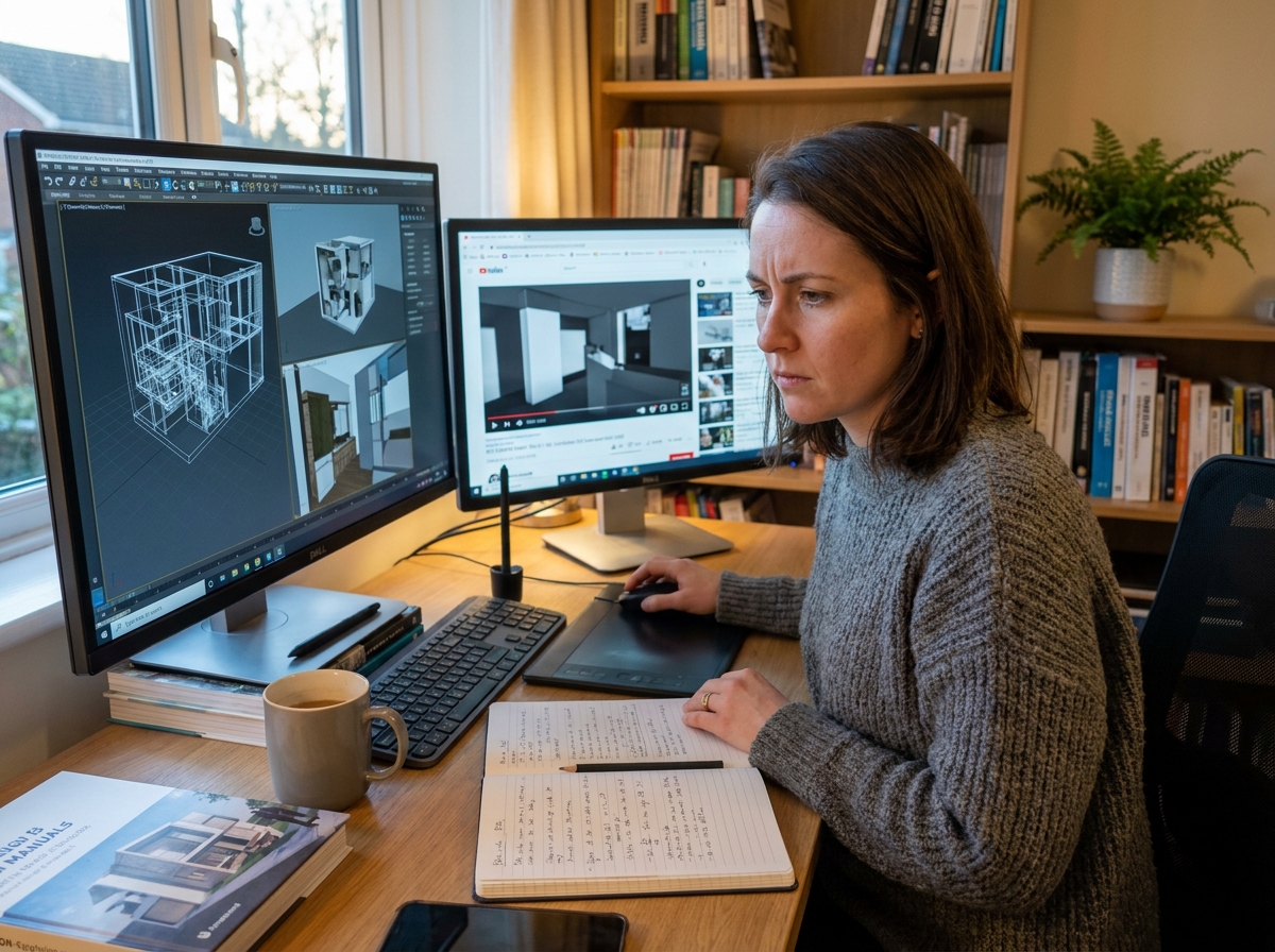Femme apprenant la modélisation 3D sur ordinateur dans un bureau à domicile, comparant des tutoriels en ligne avec ses notes manuscrites