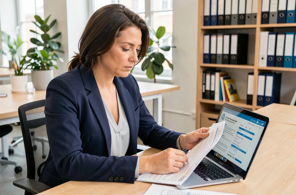 Femme professionnelle consultant un dossier de formation FIMO et son espace CPF sur un ordinateur portable dans un espace de coworking moderne