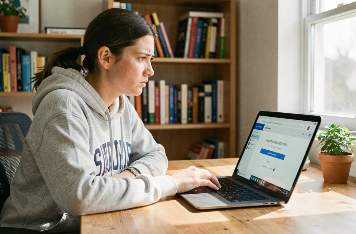 Jeune femme frustrée devant un message d'erreur de mot de passe sur une plateforme scolaire Toutatice ac-rennes