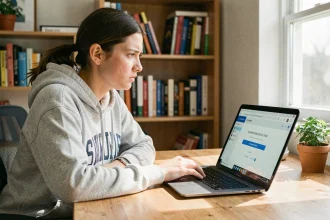 Jeune femme frustrée devant un message d'erreur de mot de passe sur une plateforme scolaire Toutatice ac-rennes