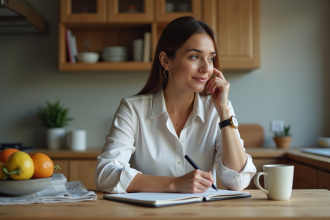 Femme écrivant dans un journal à la cuisine