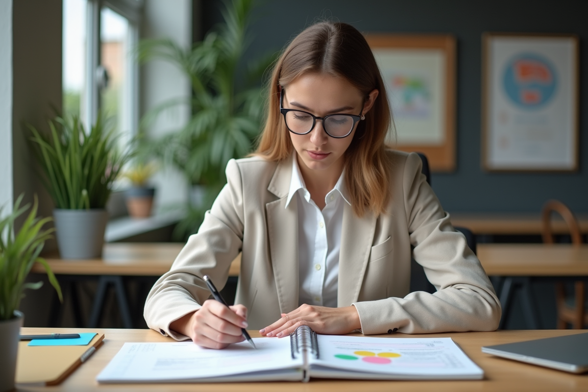 Femme concentrée planifiant un projet au bureau