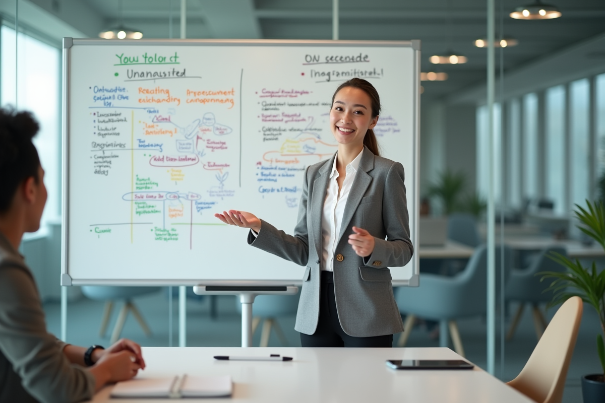 Jeune femme en présentation devant un tableau blanc