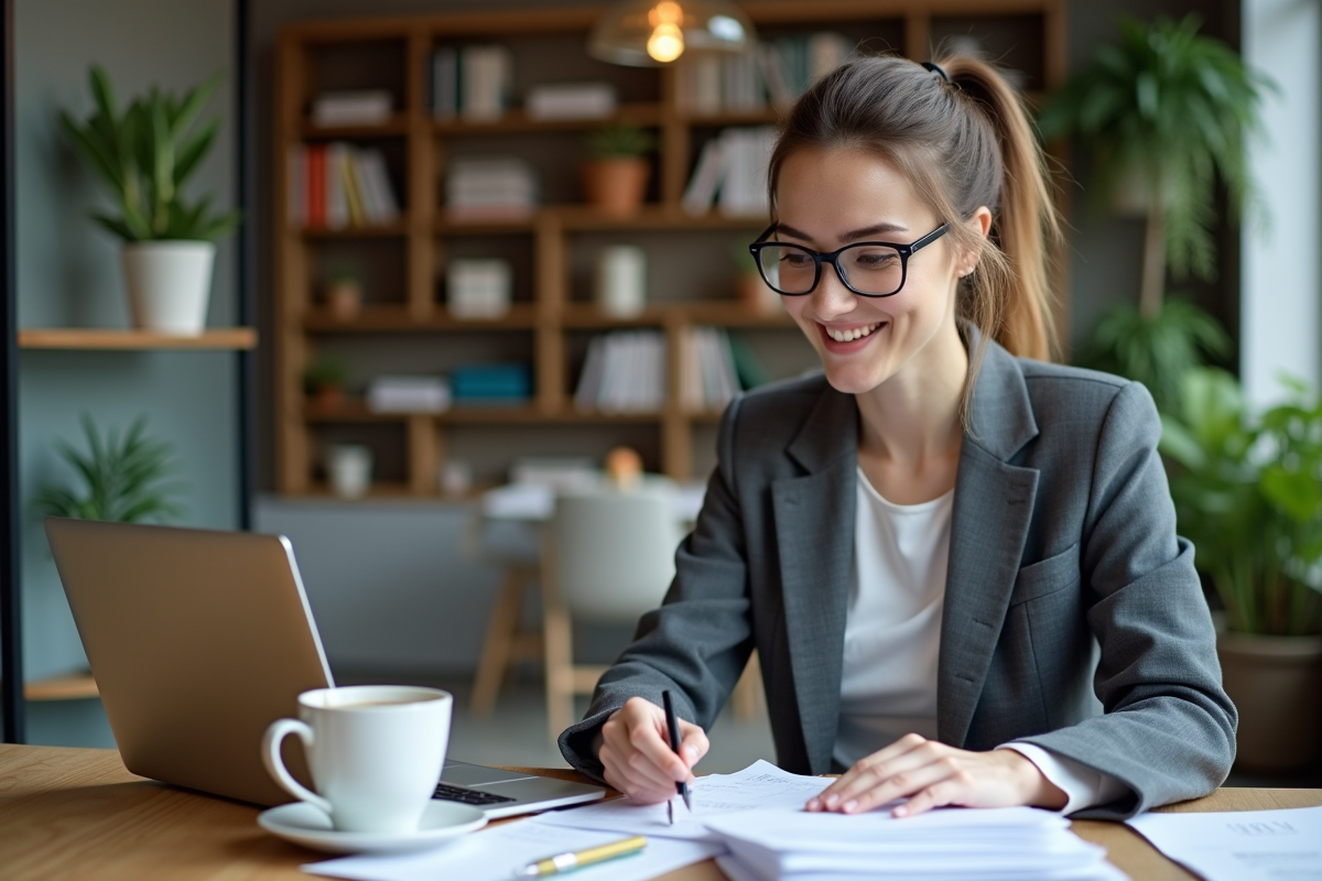 Femme professionnelle souriante dans un espace coworking