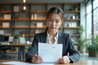 Femme en bureau regardant son CV avec concentration