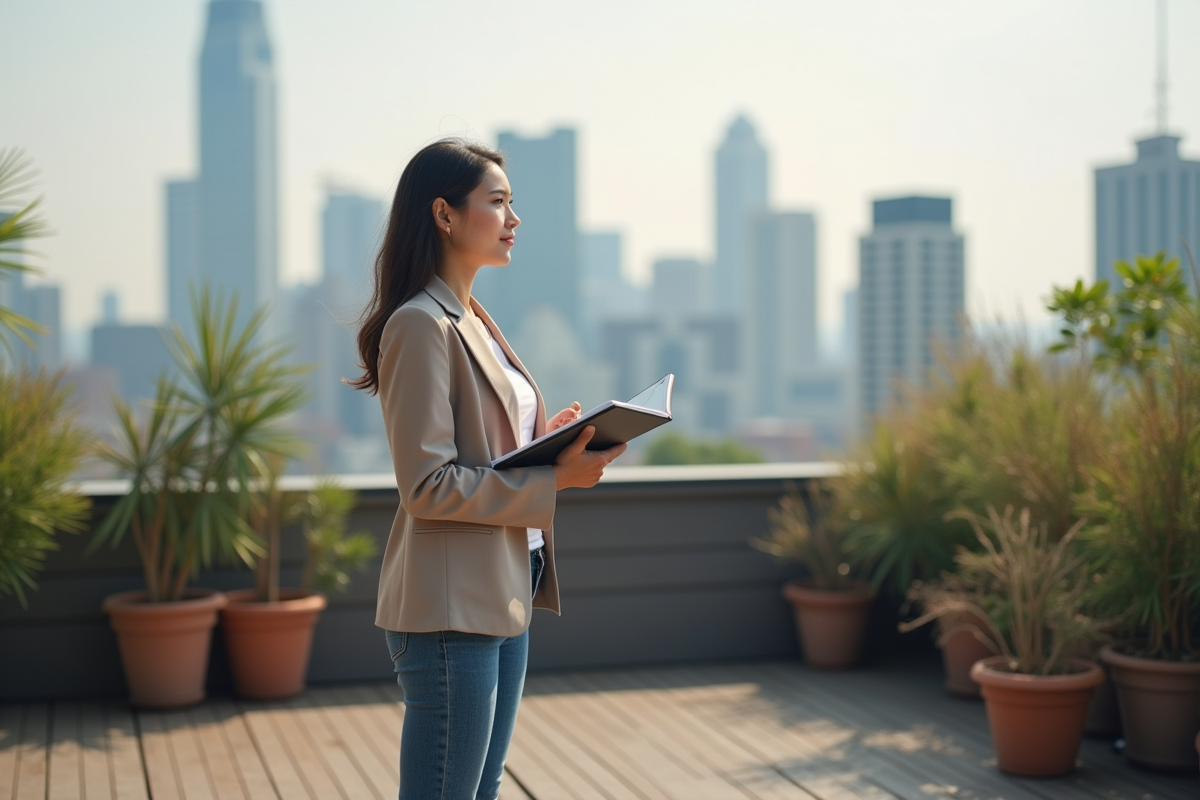 Jeune femme regarde la ville depuis un toit avec un carnet numérique