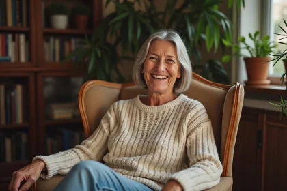 Femme d'âge moyen souriante dans un salon chaleureux