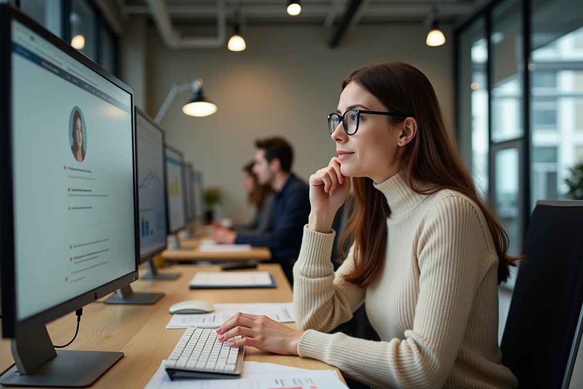 Jeune femme au bureau regardant un site d
