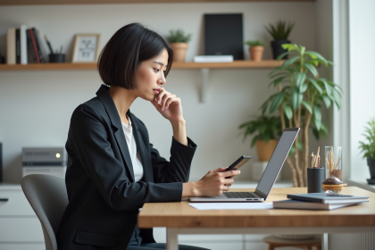 Femme en bureau moderne compare outils numériques
