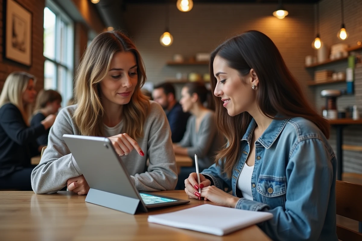 Deux femmes apprenant Canva ensemble dans un café, analysant les erreurs de design d'un projet sur une tablette numérique