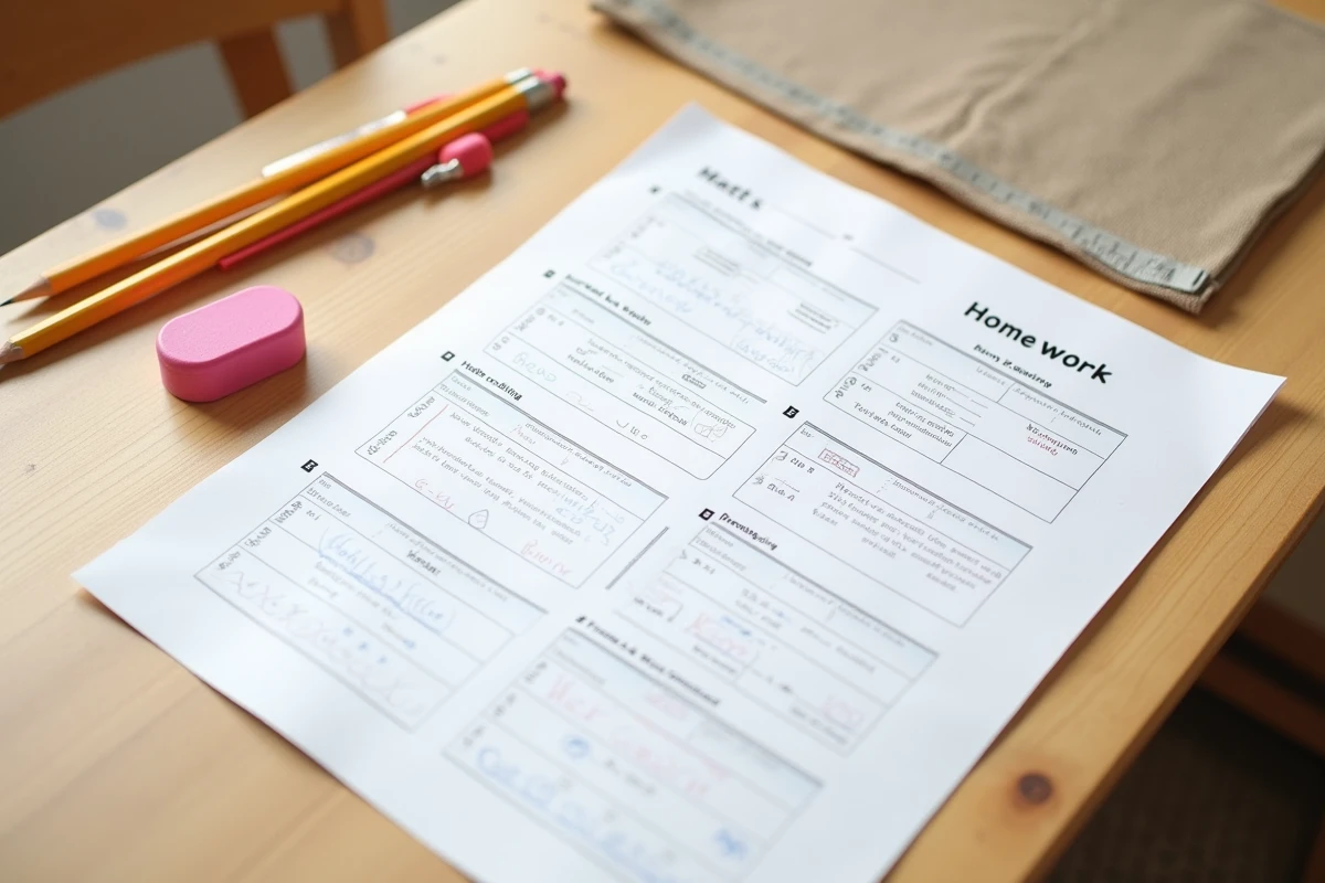 Vue de dessus d'une fiche de devoirs CE1 imprimée avec crayon et gomme sur une table en bois