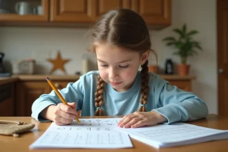 Petite fille de CE1 faisant ses devoirs imprimés à la table de la cuisine à la maison