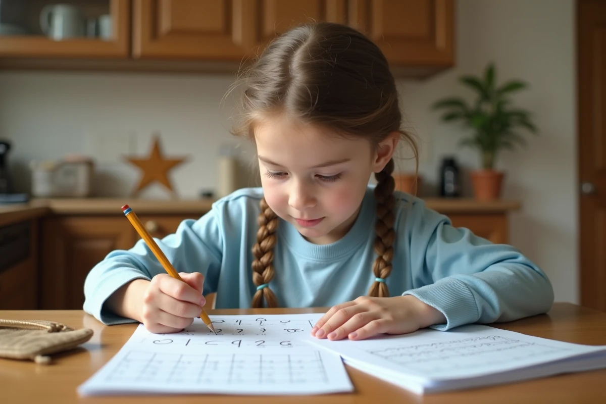 Petite fille de CE1 faisant ses devoirs imprimés à la table de la cuisine à la maison